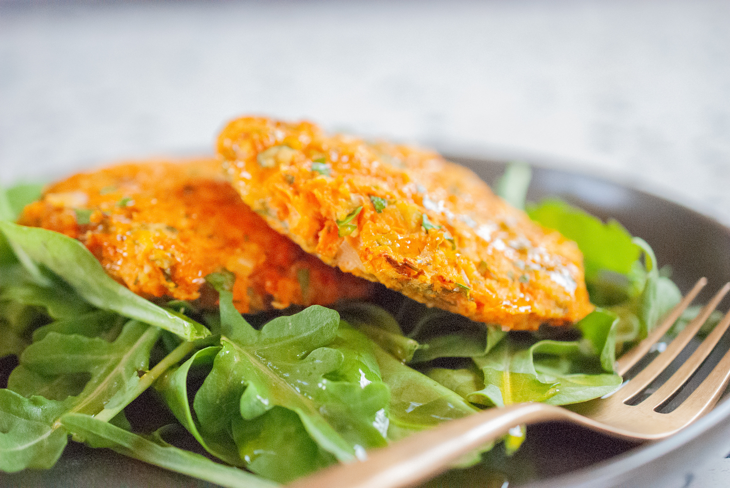 Sweet Potato Fritter on Spinach and Arugula