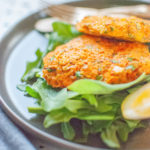 Sweet Potato Fritters on Spinach & Arugula with Olive Oil and Lemon Dressing