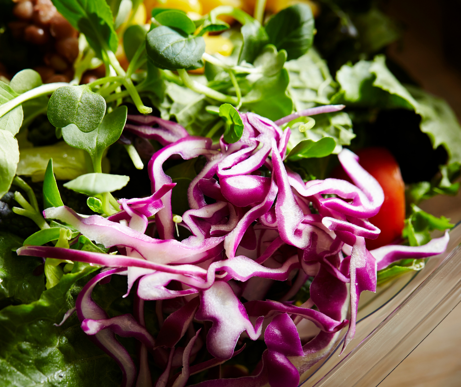 Antioxidant-rich salad with greens and red cabbage.