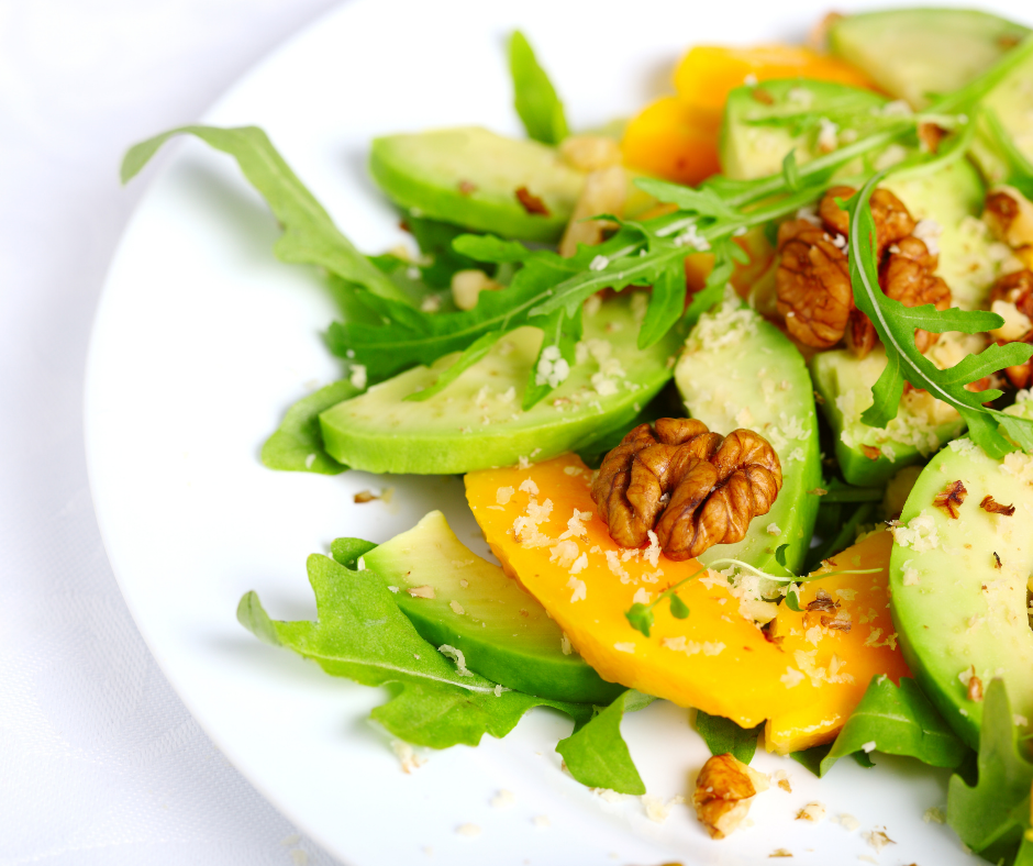 Salad with Avocado, Mango, Walnuts and Arugula