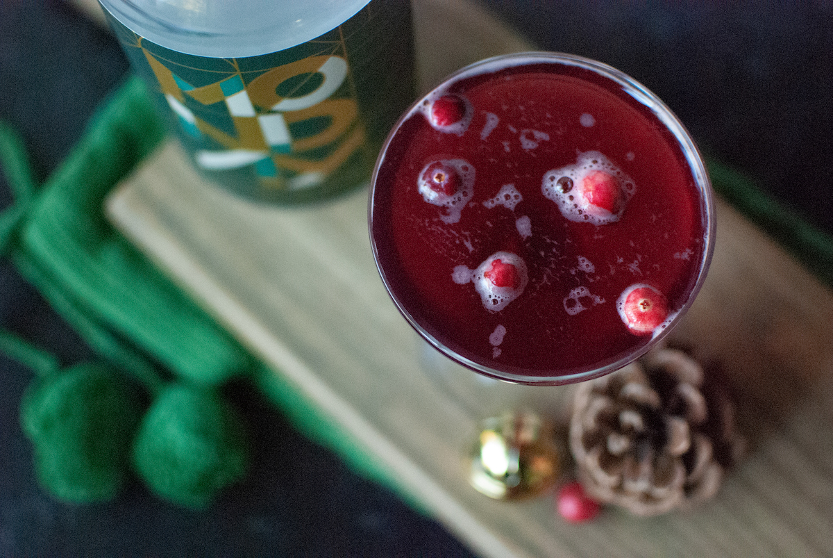 Overhead shot of a cranberry gin and tonic martini.